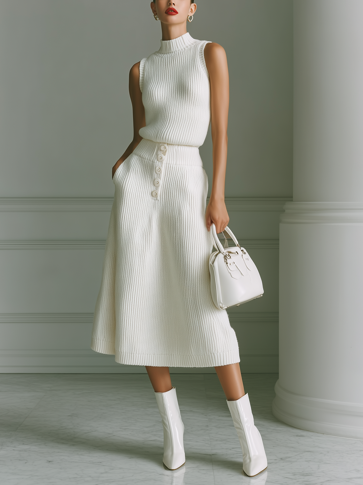 ElevenOra Chic Elegant White Mock Neck Sleeveless Oversize Sweater Top And A-Line Button Patch Pocket Midi Skirt Knit Two-Piece Set