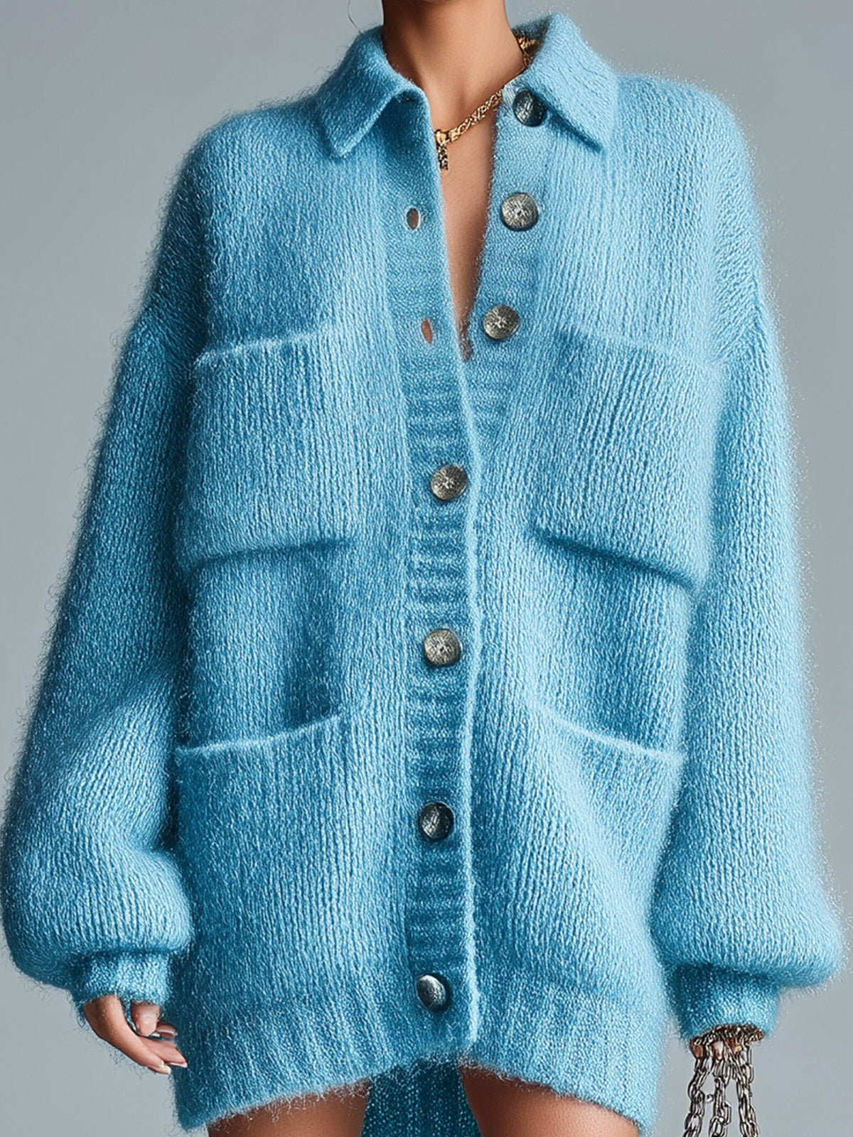 ElevenOra Chic Casual Blue Lapel Single-Breasted Multi-Pocket Fuzzy Slouchy Knit Cardigan