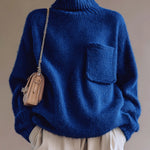 ElevenOra Chic Casual Royal Blue Turtleneck Patch Pocket Long-Sleeve Oversized Knit Sweater Top