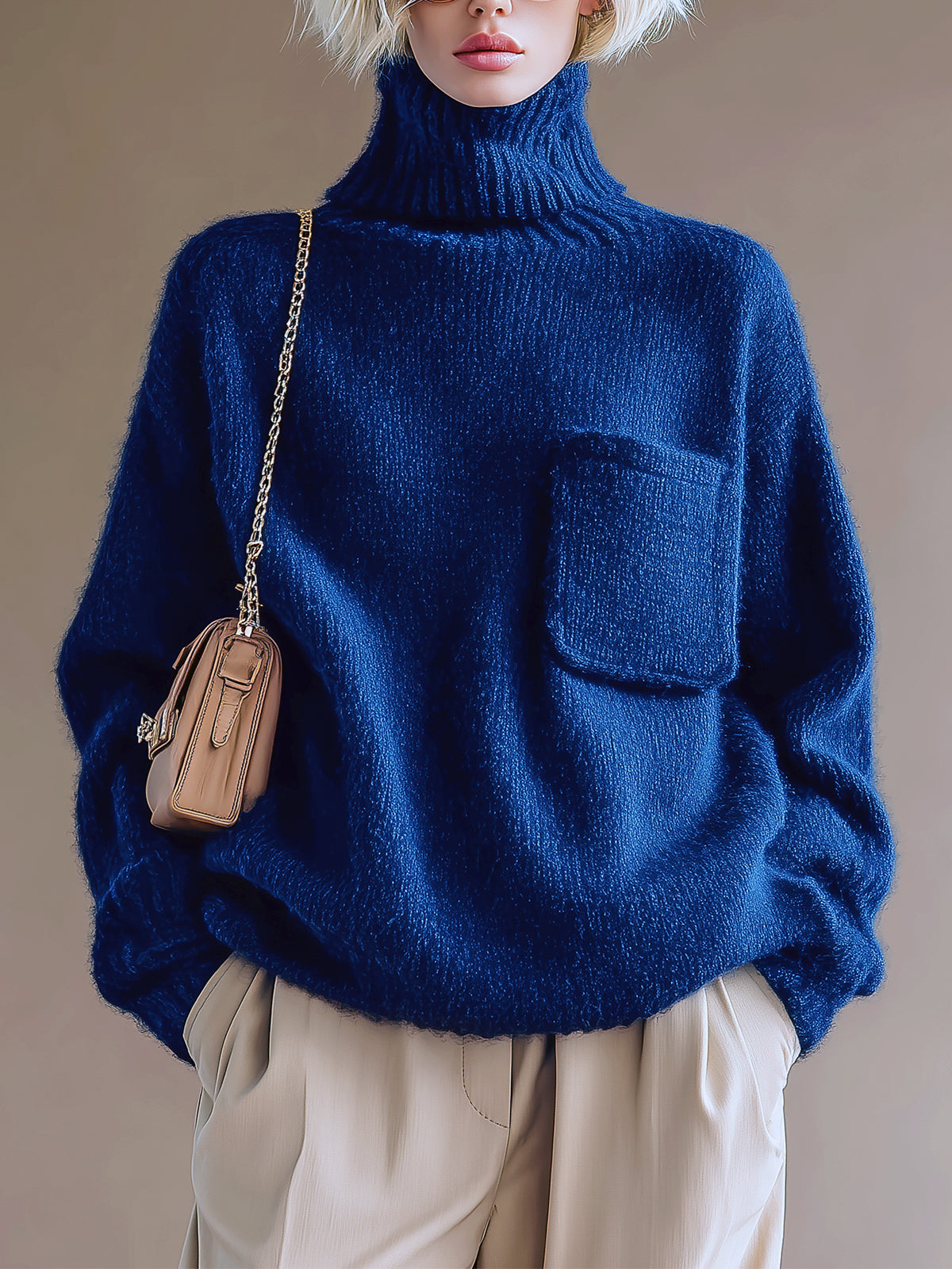 ElevenOra Chic Casual Royal Blue Turtleneck Patch Pocket Long-Sleeve Oversized Knit Sweater Top