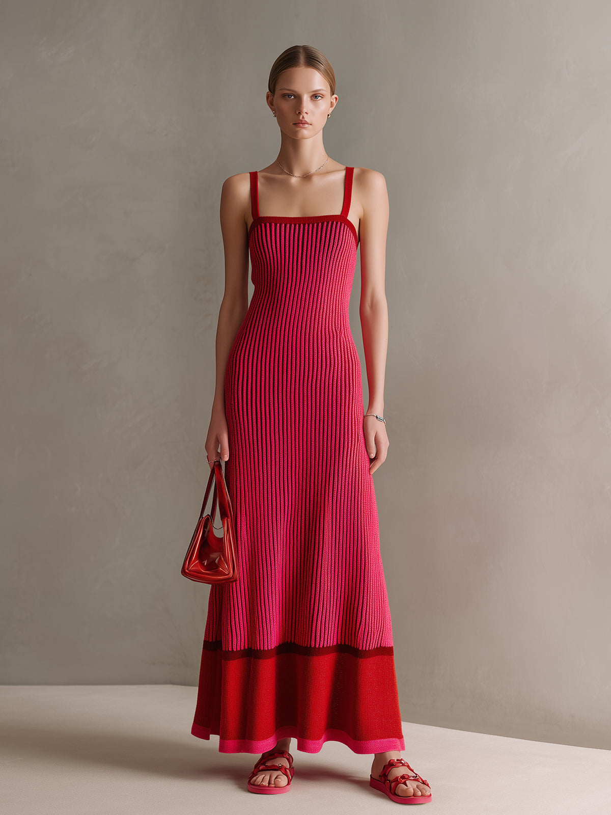 ElevenOra Chic Elegant Hot Pink-Red Colorblock Thin Straps Square Neck Sleeveless Tailored Waist A-Line Ribbed Knit Maxi Dress