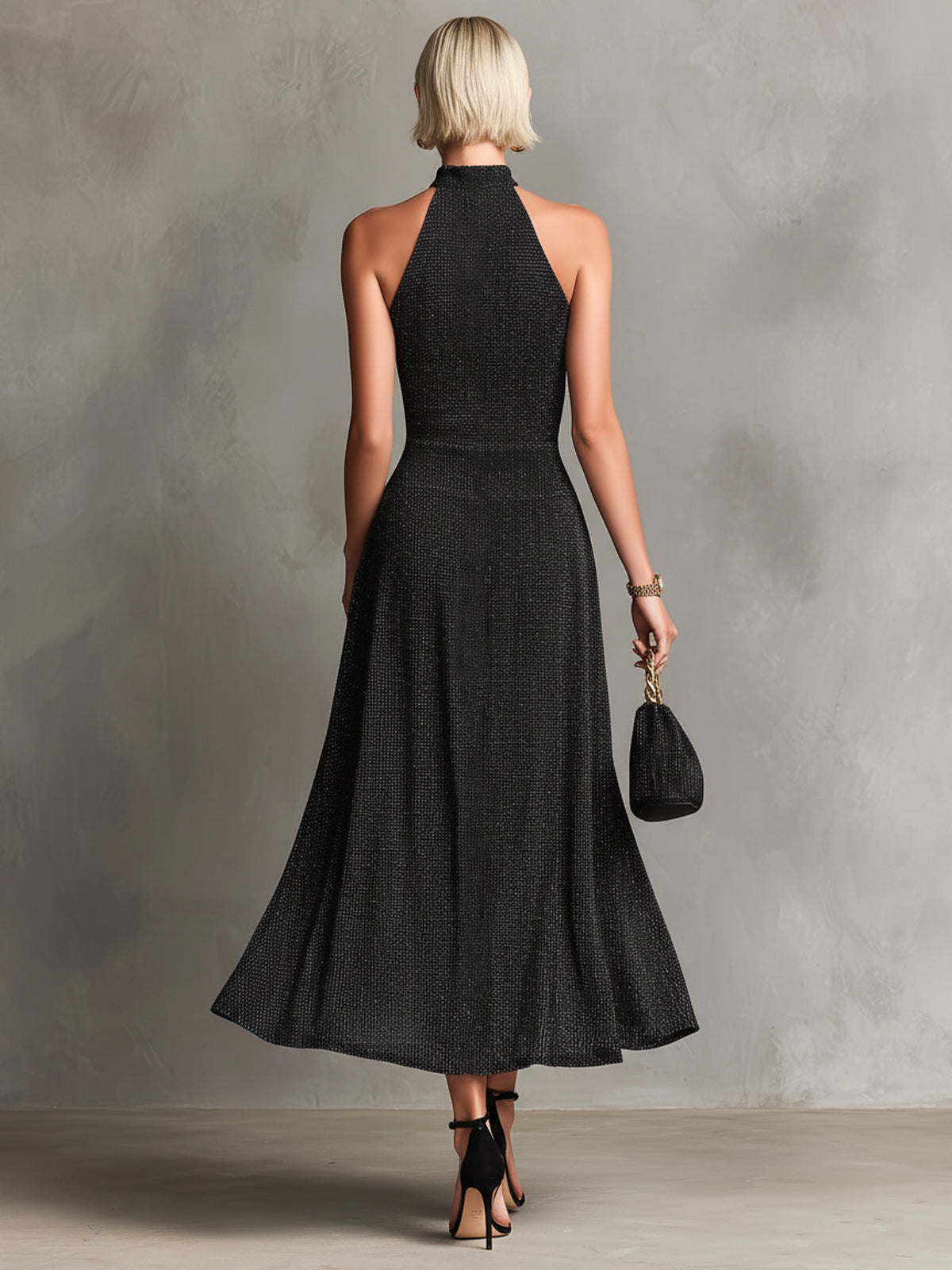 ElevenOra Chic Elegant Black Melange Halter-Neck Sleeveless Tailored-Waist Slim-Fit Knit Maxi Dress