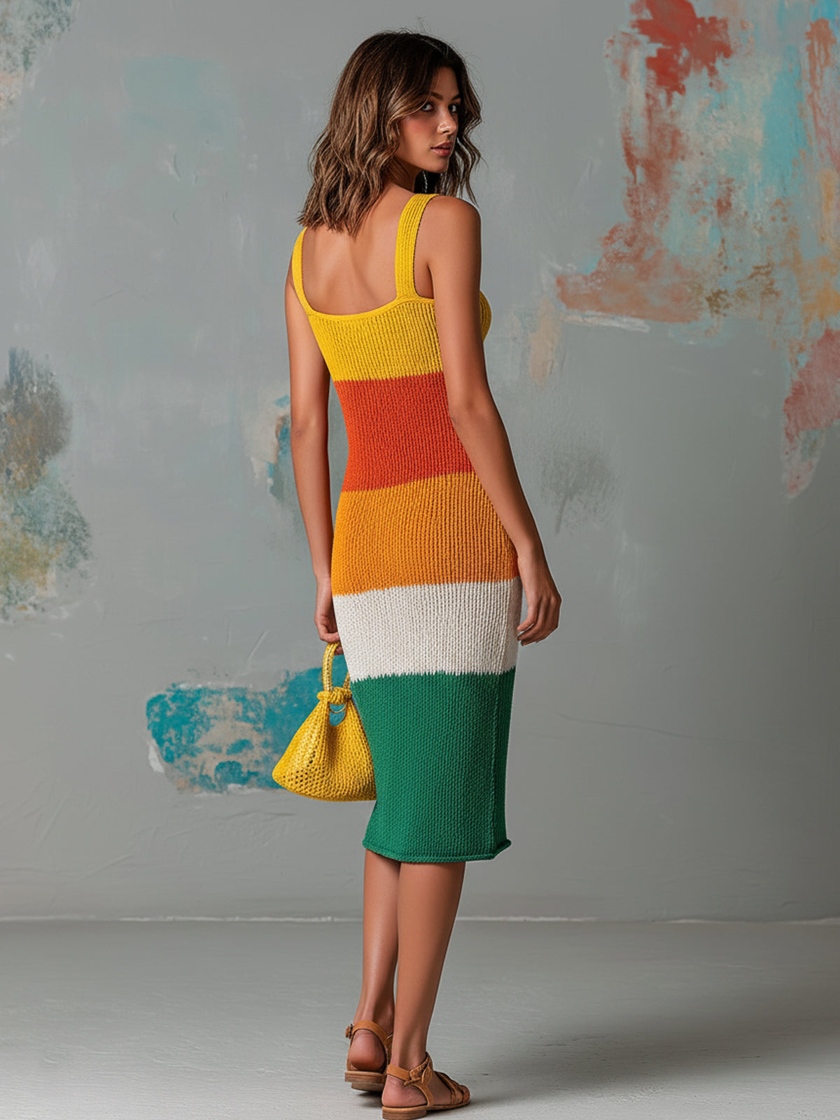 ElevenOra Chic Elegant Colorful Colorblock Spaghetti-Strap Square-Neck Button-Front Slim-Fit Ribbed Knit Midi Dress