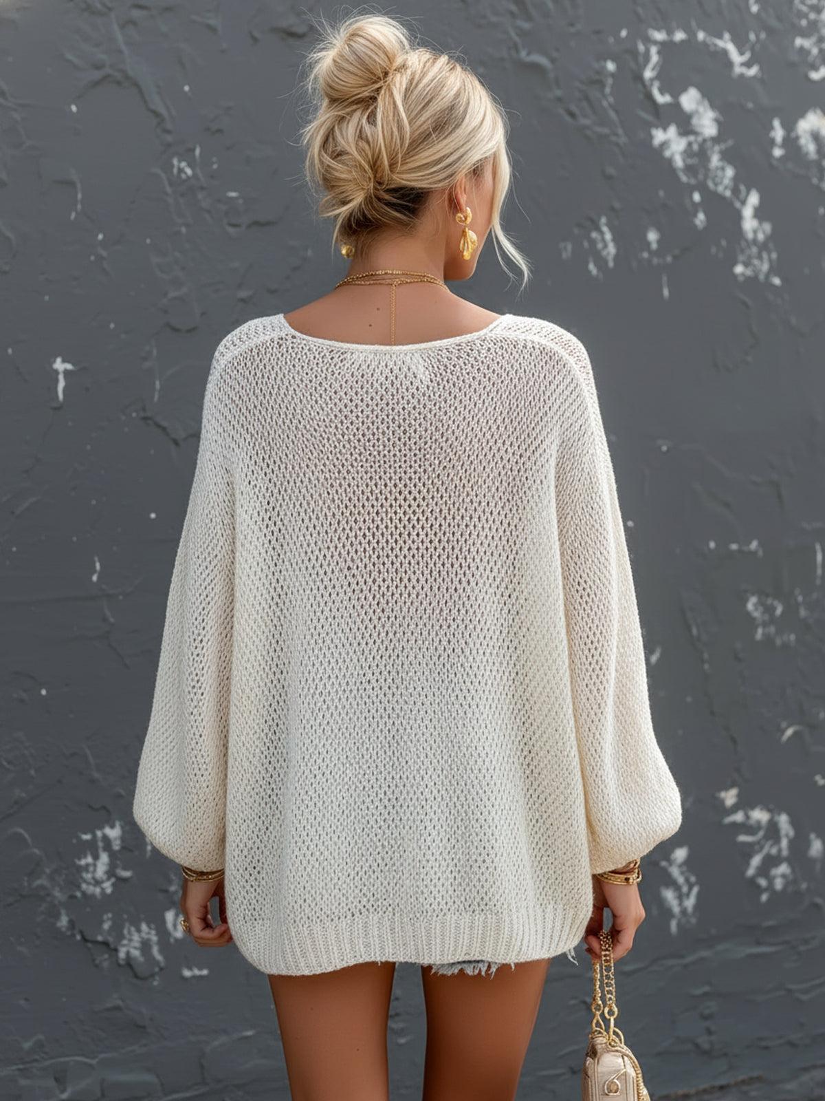 ElevenOra Chic Elegant Cream White Round-Neck Long Lantern Sleeve Loose-Fit Mesh Knit Sweater Top
