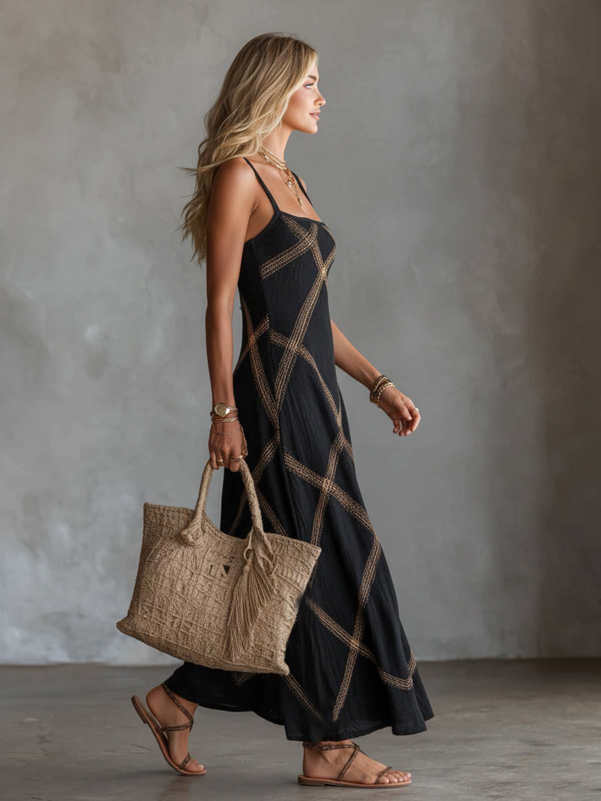 ElevenOra Chic Elegant Black-Camel Geometrical Printed Spaghetti Straps Square-Neck Sleeveless A-Line Maxi Dress