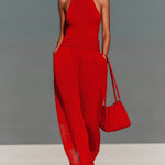 ElevenOra Chic Elegant Red Mock Neck Sleeveless Loose-Fit Wide Leg Mesh Knit Jumpsuit