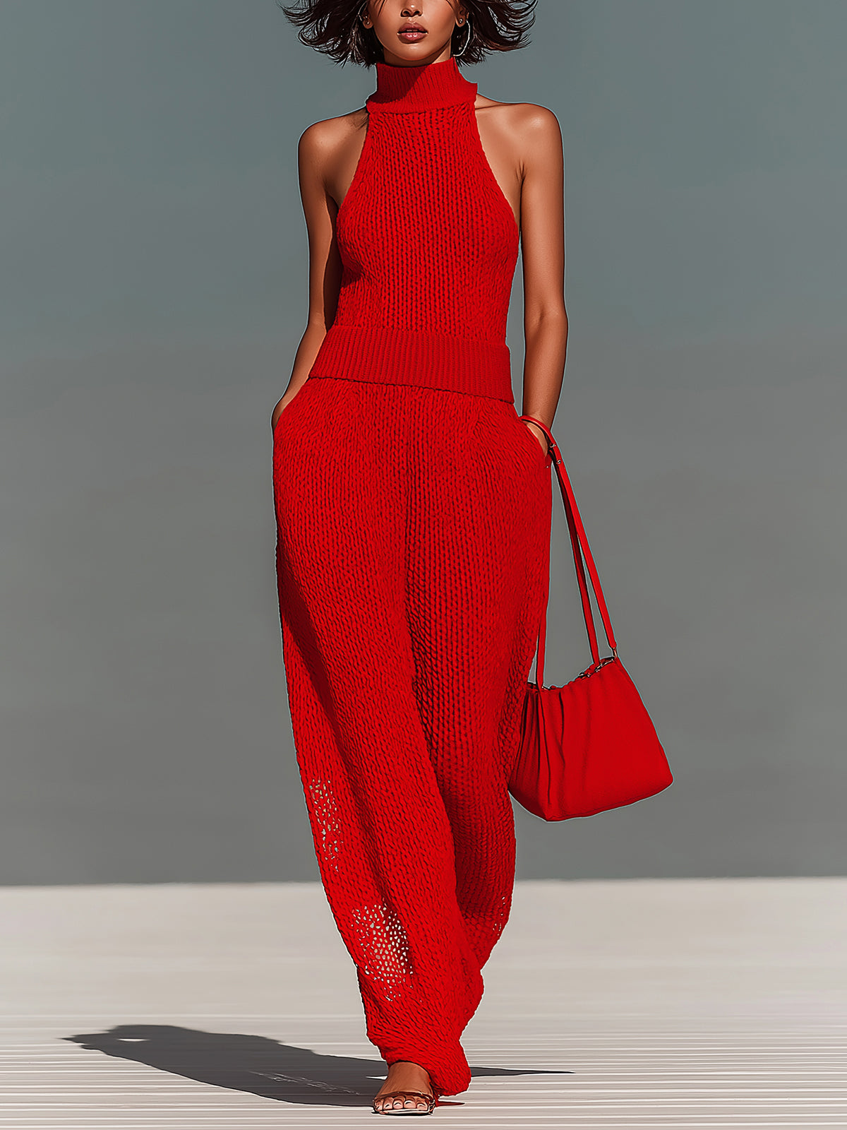 ElevenOra Chic Elegant Red Mock Neck Sleeveless Loose-Fit Wide Leg Mesh Knit Jumpsuit