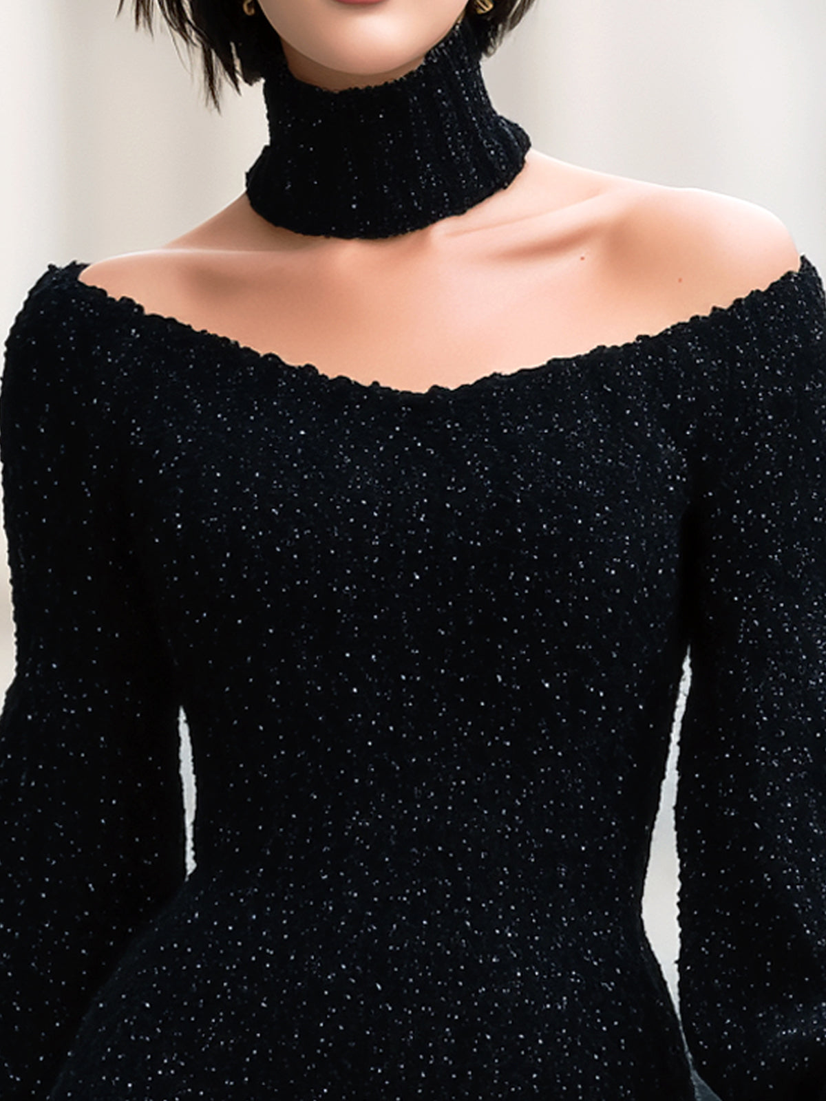 ElevenOra Stylish Off-shoulder Lantern Sleeve Slim Fit Knitted Bodycon Mini Dress