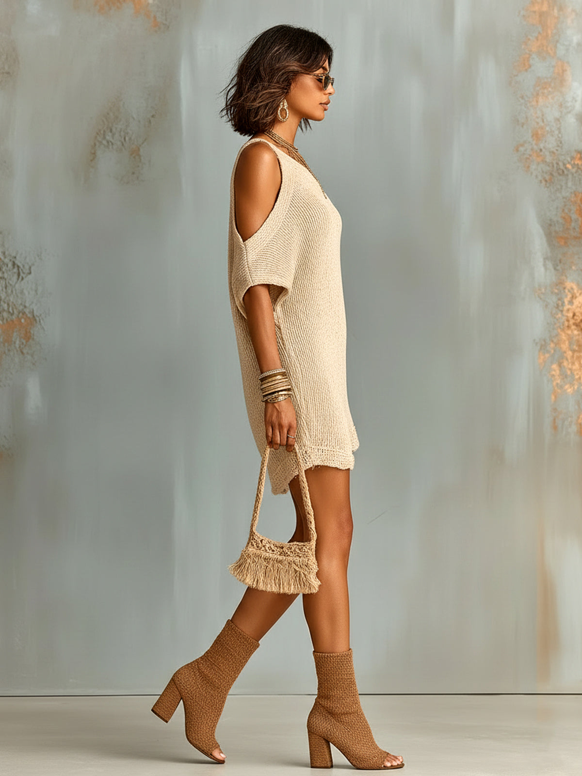 ElevenOra Chic Elegant Light Camel One-Shoulder Short-Sleeve Lace Hem Detail Loose-Fit Ribbed Knit Mini Dress
