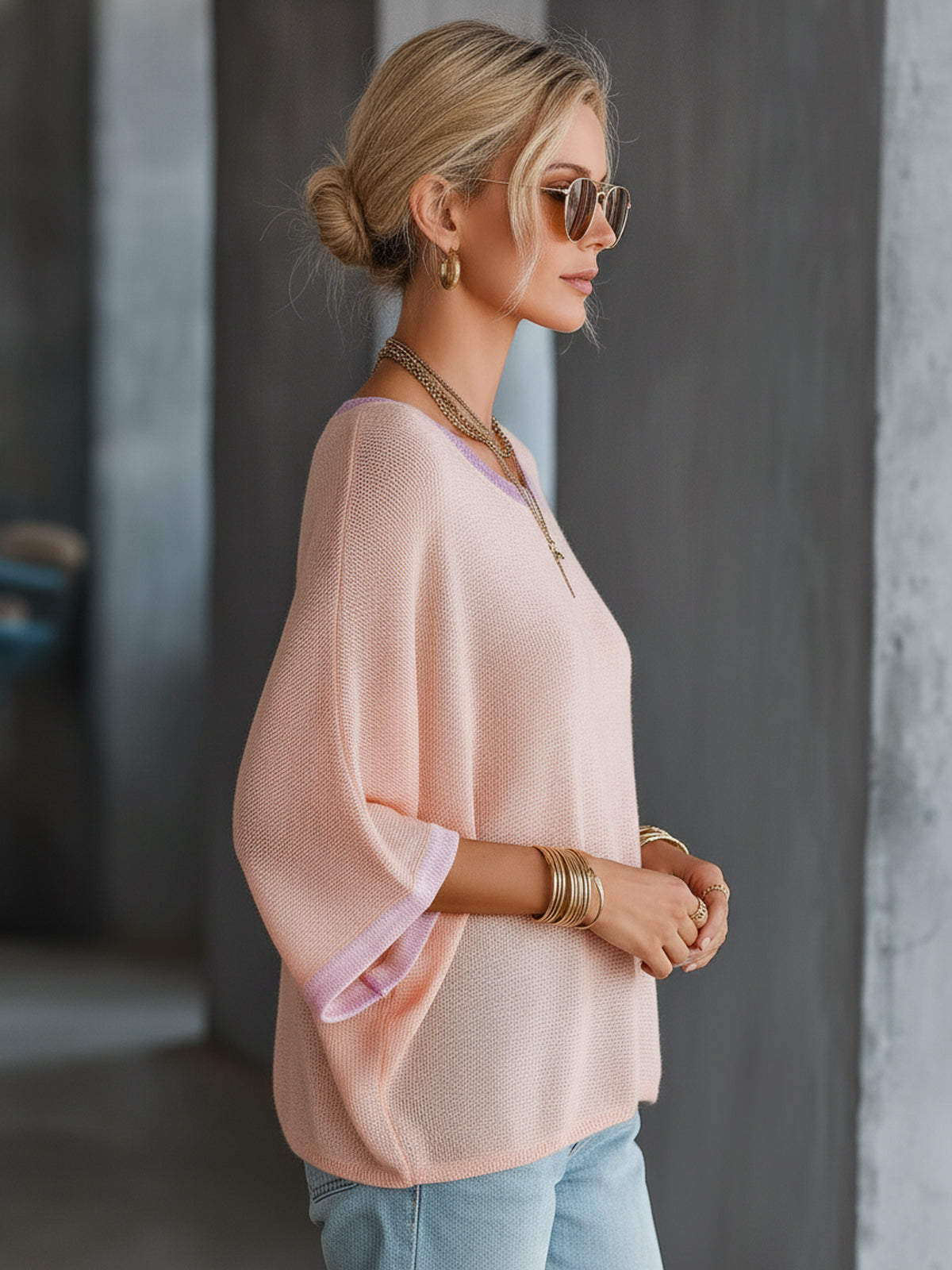 ElevenOra Chic Elegant Pink Round-Neck Short-Flare-Sleeve Purple Trim Detail Loose-Fit Breathable Knit Sweater
