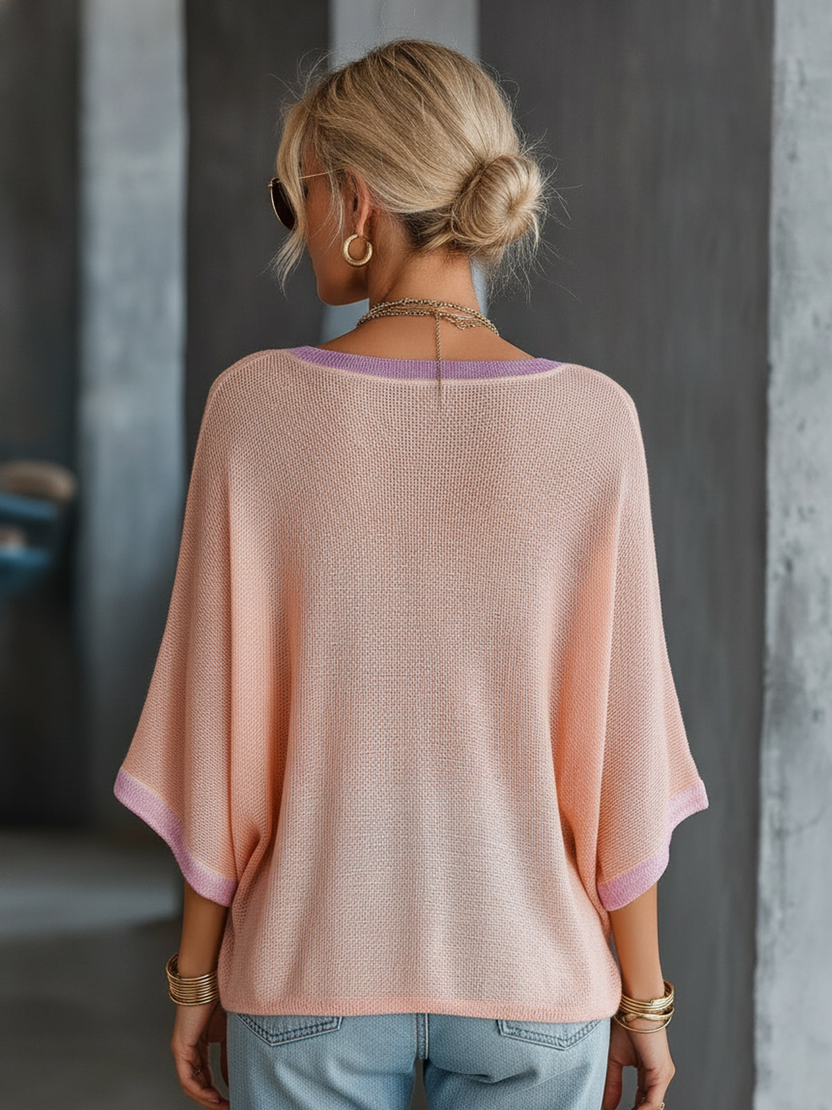 ElevenOra Chic Elegant Pink Round-Neck Short-Flare-Sleeve Purple Trim Detail Loose-Fit Breathable Knit Sweater