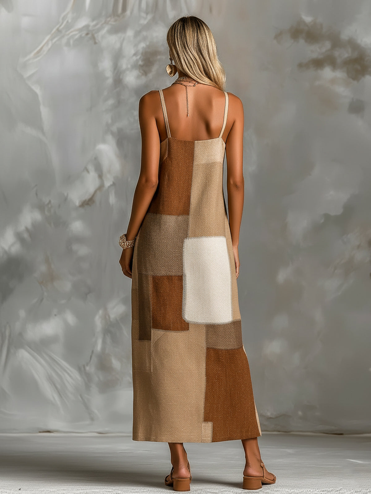 ElevenOra Chic Elegant Camel-Brown Colorblock Cotton Blend Spaghetti Straps Square-Neck Sleeveless A-Line Maxi Dress