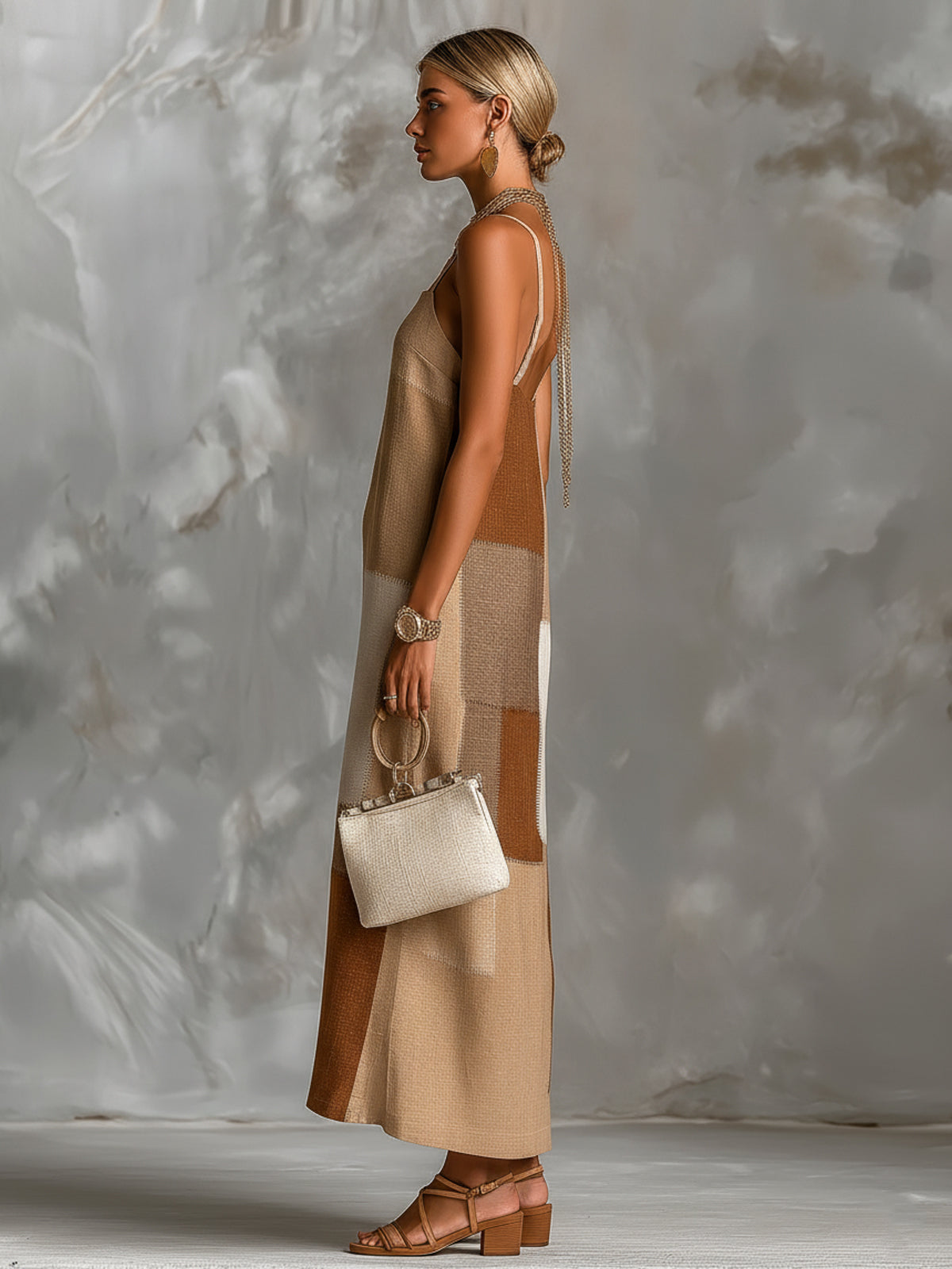 ElevenOra Chic Elegant Camel-Brown Colorblock Cotton Blend Spaghetti Straps Square-Neck Sleeveless A-Line Maxi Dress