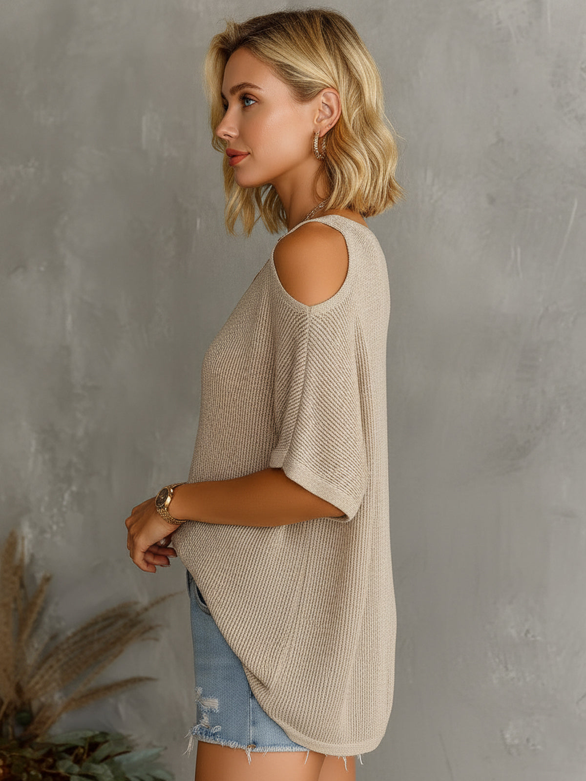 ElevenOra Chic Elegant Light Camel V-Neck Short-Sleeve Shoulder Cutout Detail Loose-Fit Mesh Knit Sweater Top