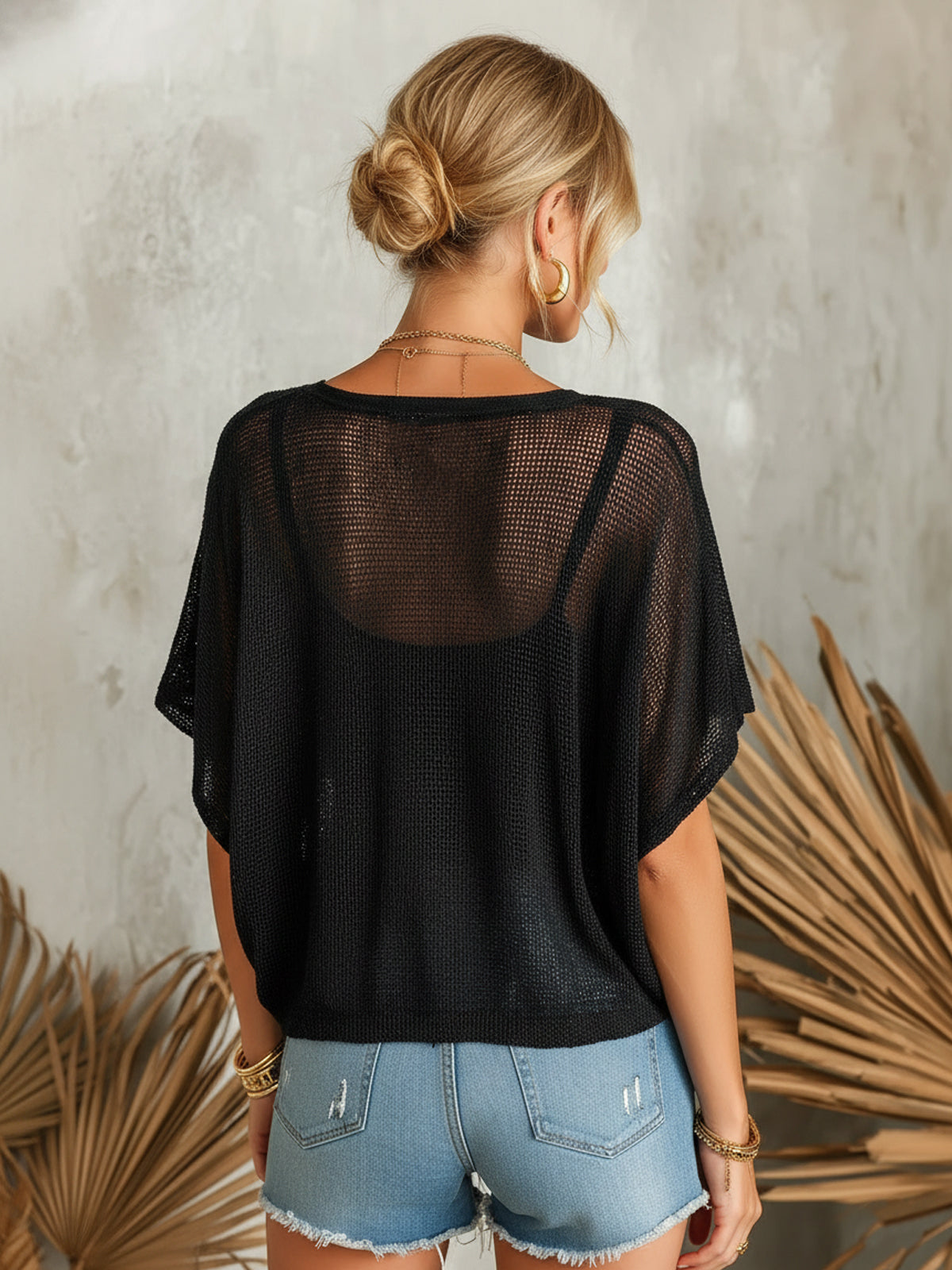 ElevenOra Chic Elegant Black V-Neck Short-Sleeve Single-Breasted Loose-Fit Mesh Knit Cardigan Top