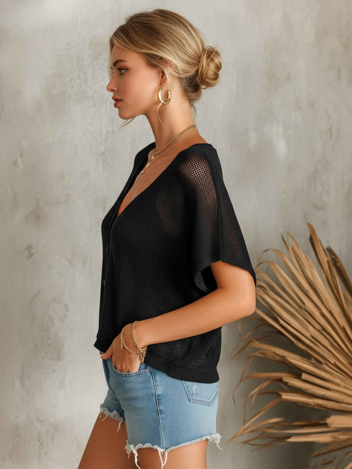 ElevenOra Chic Elegant Black V-Neck Short-Sleeve Single-Breasted Loose-Fit Mesh Knit Cardigan Top