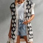 ElevenOra Chic Casual Black-Beige Geometric Jacquard V-Neck Single-Breasted Sleeveless Oversize Knit Vest
