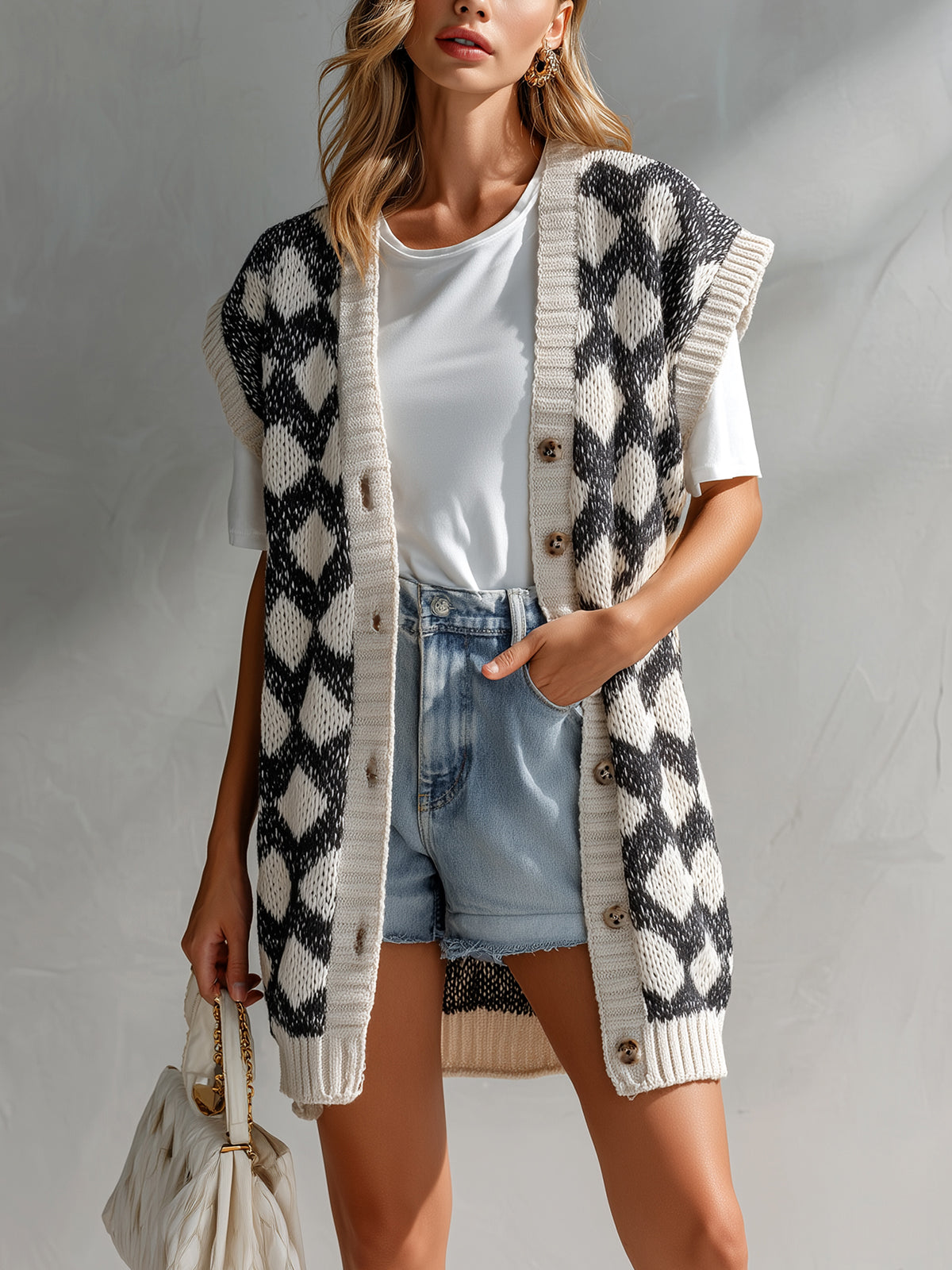 ElevenOra Chic Casual Black-Beige Geometric Jacquard V-Neck Single-Breasted Sleeveless Oversize Knit Vest