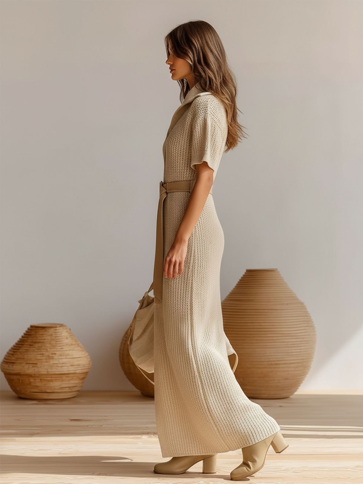 ElevenOra Stylish Elegant Camel Button-Up Lapel Collar Short-Sleeve Loose Belted Waist Side Slit Ribbed Knit Maxi Dress