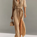 ElevenOra Chic Elegant Camel Lapel V-Neck Short-Sleeve Loose-Fit Belted Slit Detail Knit Maxi Dress
