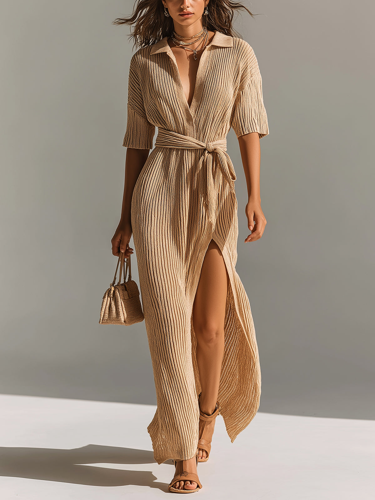 ElevenOra Chic Elegant Camel Lapel V-Neck Short-Sleeve Loose-Fit Belted Slit Detail Knit Maxi Dress
