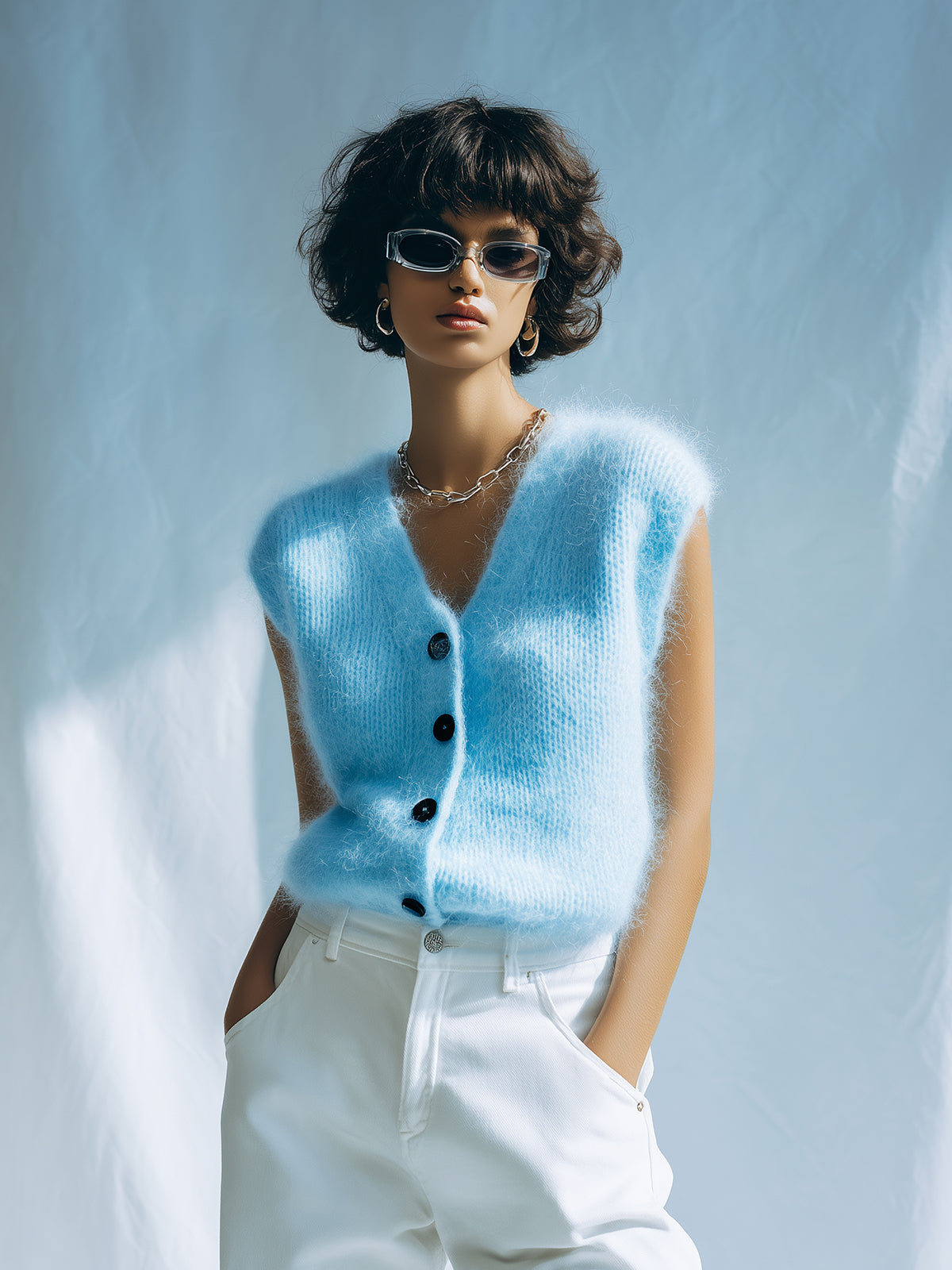 ElevenOra Chic Elegant Blue V-Neck Single-Breasted Sleeveless Loose-Fit Fuzzy Mohair Knit Vest