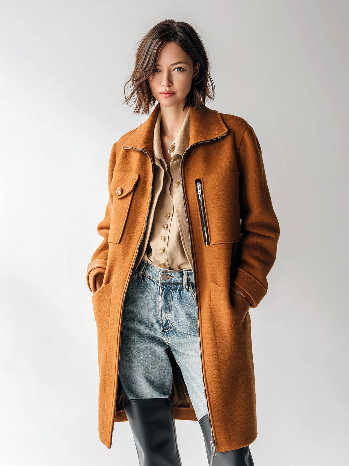 ElevenOra Chic Caramel Collared Zip-Up Multi-Pocket Mid-Length Sophisticated Statement Coat