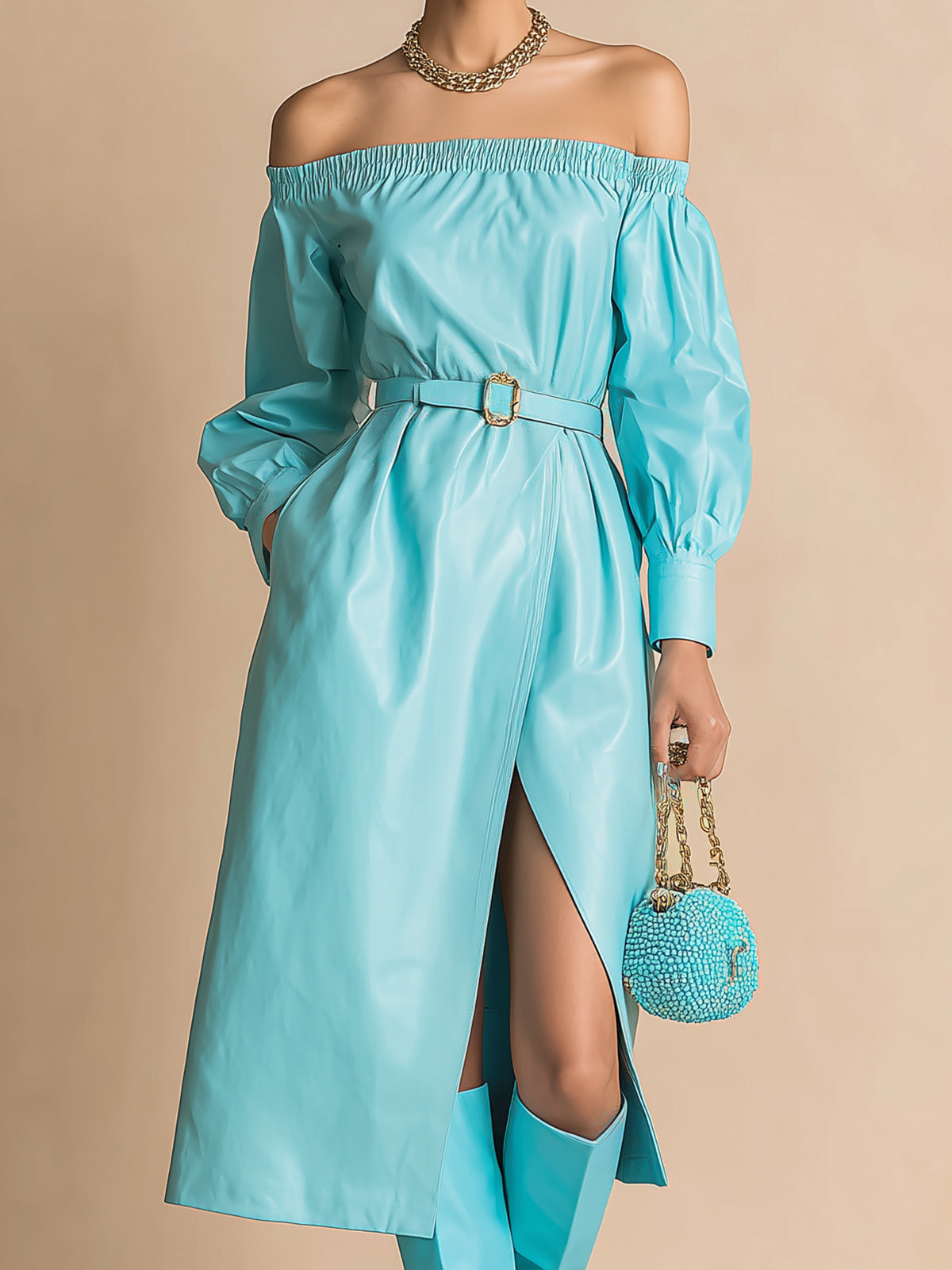 ElevenOra Chic Elegant Blue Faux Leather Off The Shoulder Loose Fit Belted Long Sleeve Slit Midi Dress