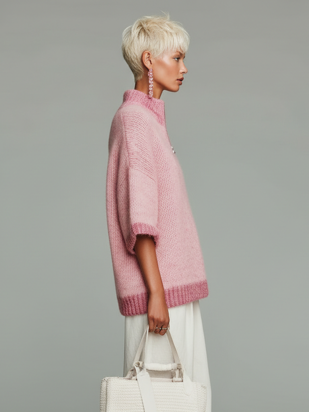 ElevenOra Stylish Casual Pink Stand-collar Zippered Short-sleeved Loose Knit Sweater Top