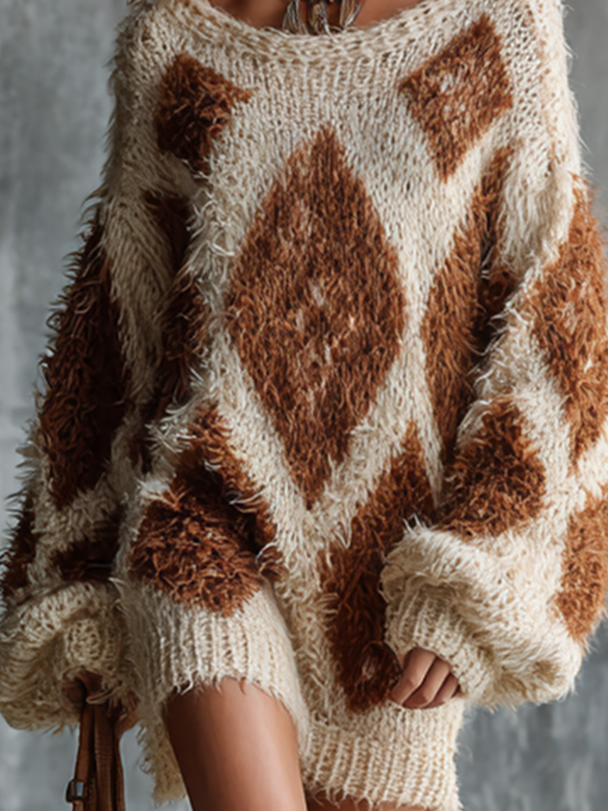ElevenOra Chic Casual Off-White‑Brown Diamond Jacquard Boat‑Neck Dropped Shoulder Long-Sleeve Loose-Fit Fuzzy Knit Mini Dress