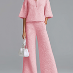 ElevenOra Stylish Elegant Barbie Pink Lapel Seven-Quarter Sleeve Half-Zip Loose Sweater And Wide-Leg Pants Two-Piece Set
