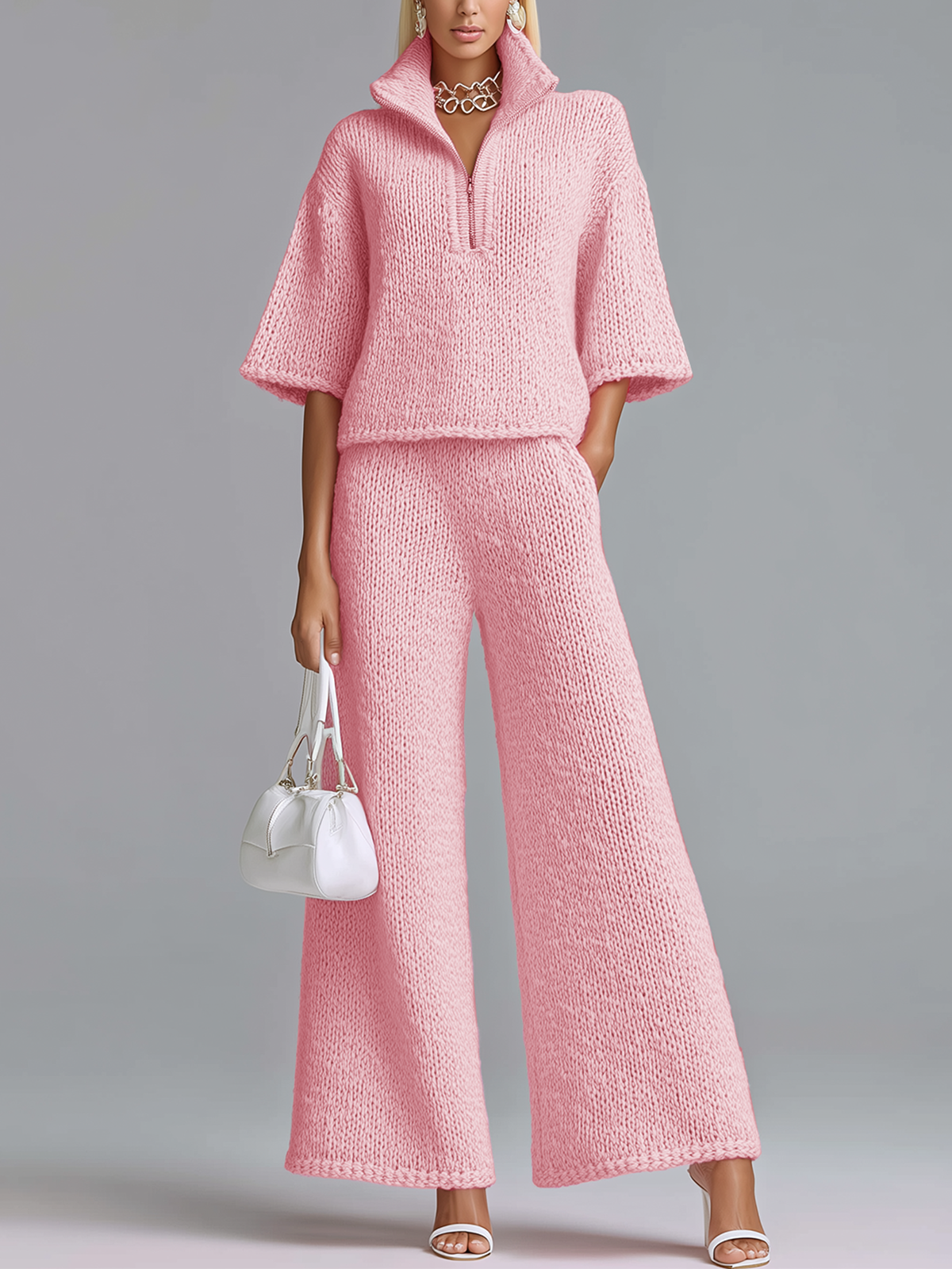 ElevenOra Stylish Elegant Barbie Pink Lapel Seven-Quarter Sleeve Half-Zip Loose Sweater And Wide-Leg Pants Two-Piece Set