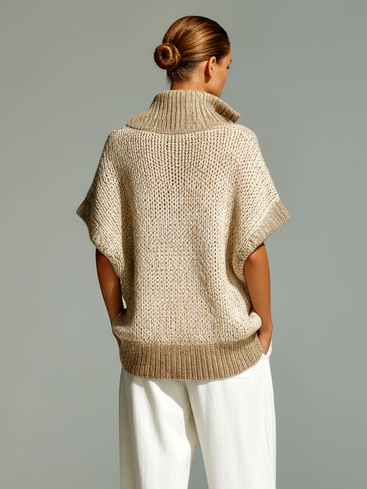 ElevenOra Fashion Casual Beige Stand-Collar Colorblock Loose Sleeveless Knit Vest