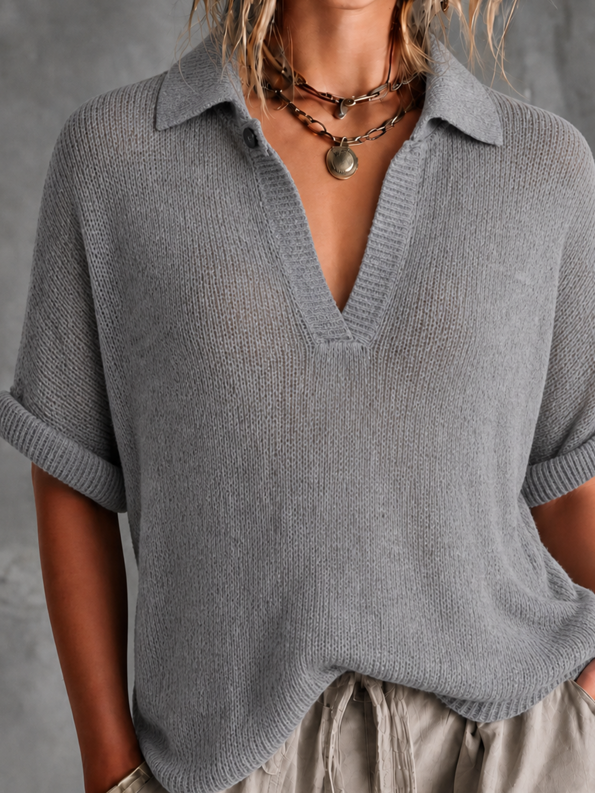 ElevenOra Chic Casual Dusty Grey Lapel-Collar V-Neck Button-Detail Half‑Sleeve Loose-Fit Mesh Knit Sweater Top