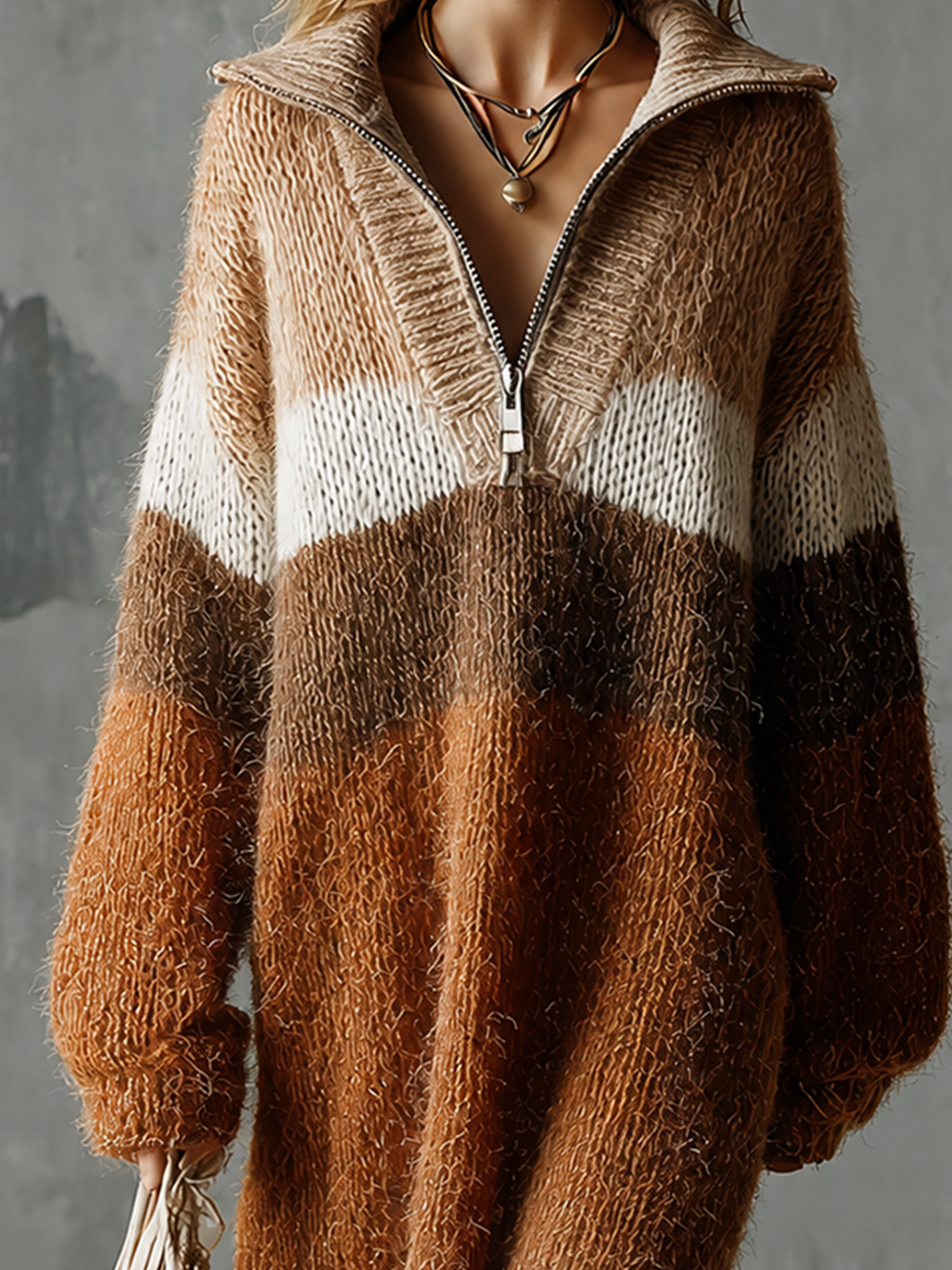ElevenOra Chic Casual Earth‑Tone Colorblock Lapel Collar Half‑Zip Dropped Shoulder Long-Sleeve Loose-Fit Fuzzy Knit Mini Dress