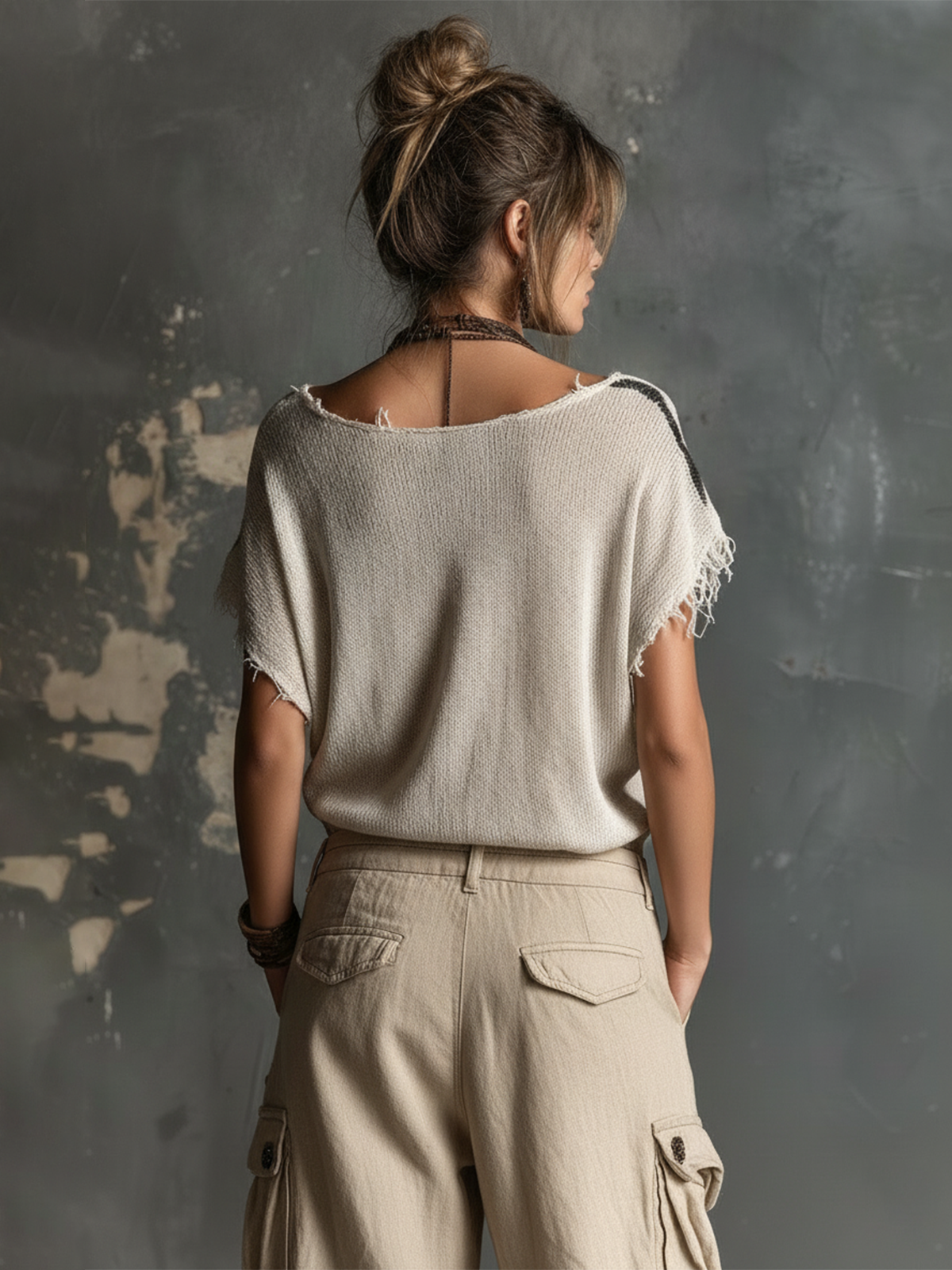 ElevenOra Chic Casual White V-Neck Star Jacquard Raw Edge Dolman Sleeves Loose-Fit Knit SweaterTop