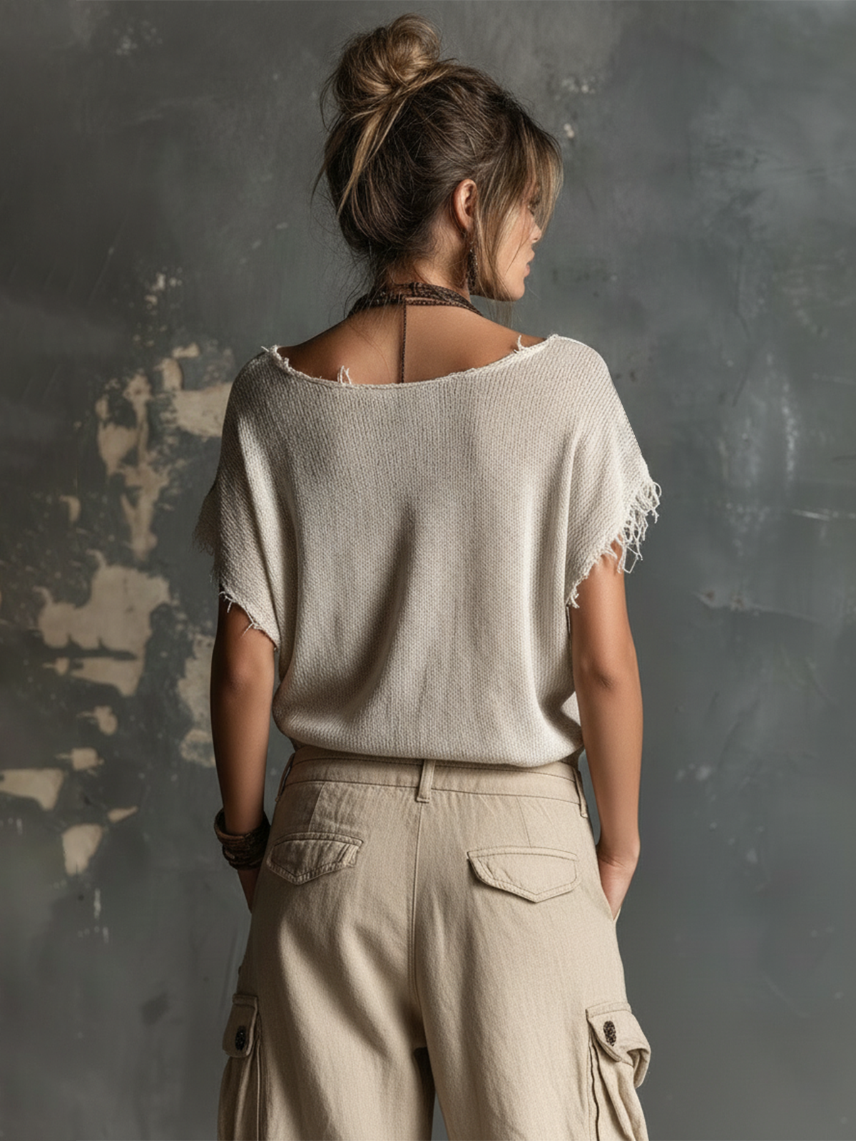 ElevenOra Chic Casual White V-Neck Star Print  Raw Edge Dolman Sleeves Loose-Fit Knit SweaterTop