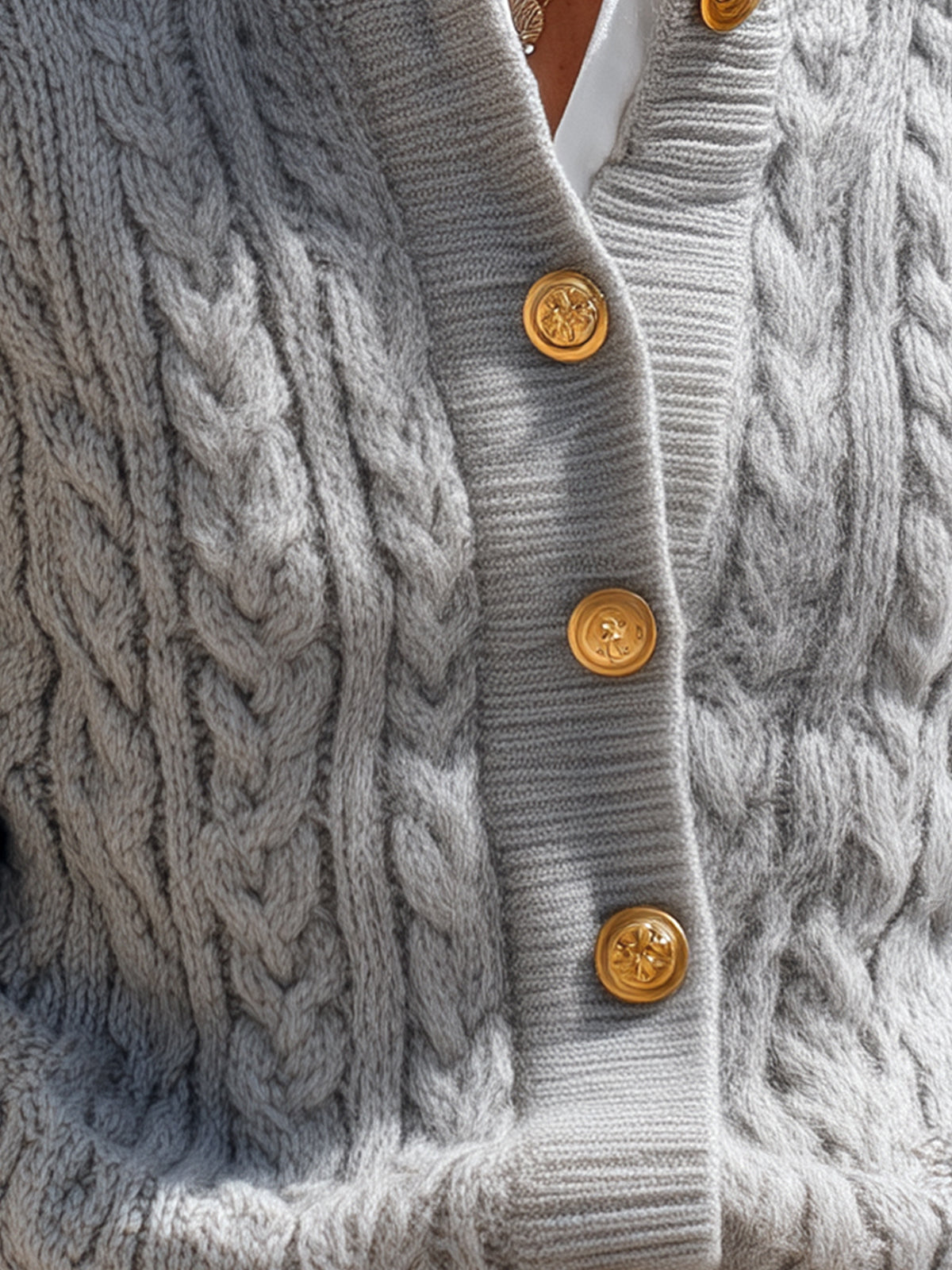 ElevenOra Casual Chic Light Gray Cable Knit Crew Neck Gold Button Cropped Cardigan