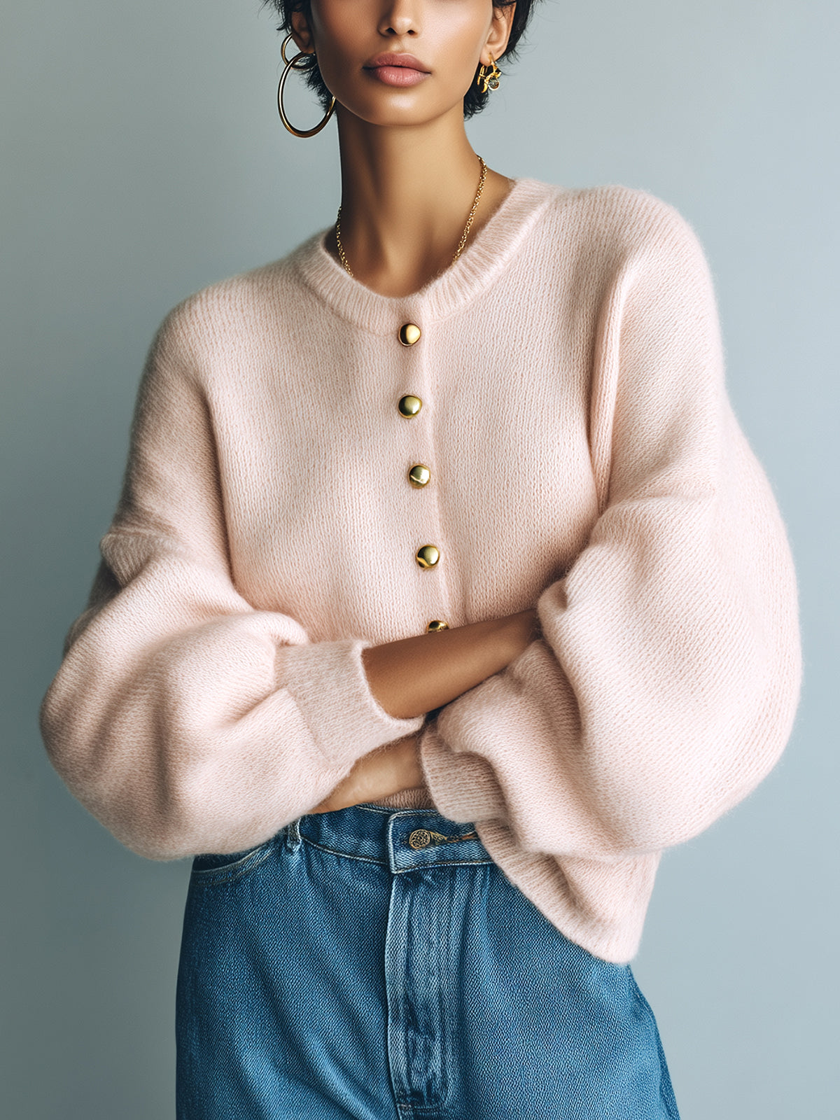 ElevenOra Chic Vintage Pink Round-Neck Single-Breasted Long Lantern Sleeve Loose Knit Cardigan