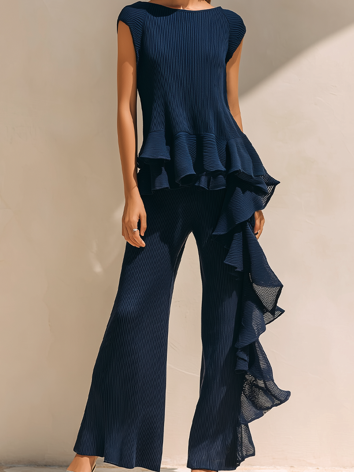 ElevenOra Chic Elegant Deep Blue Ruffles Round-Neck Cap Sleeve Loose Tops Wide-Leg Ruffles Pants Rib Knit Two-Piece Set