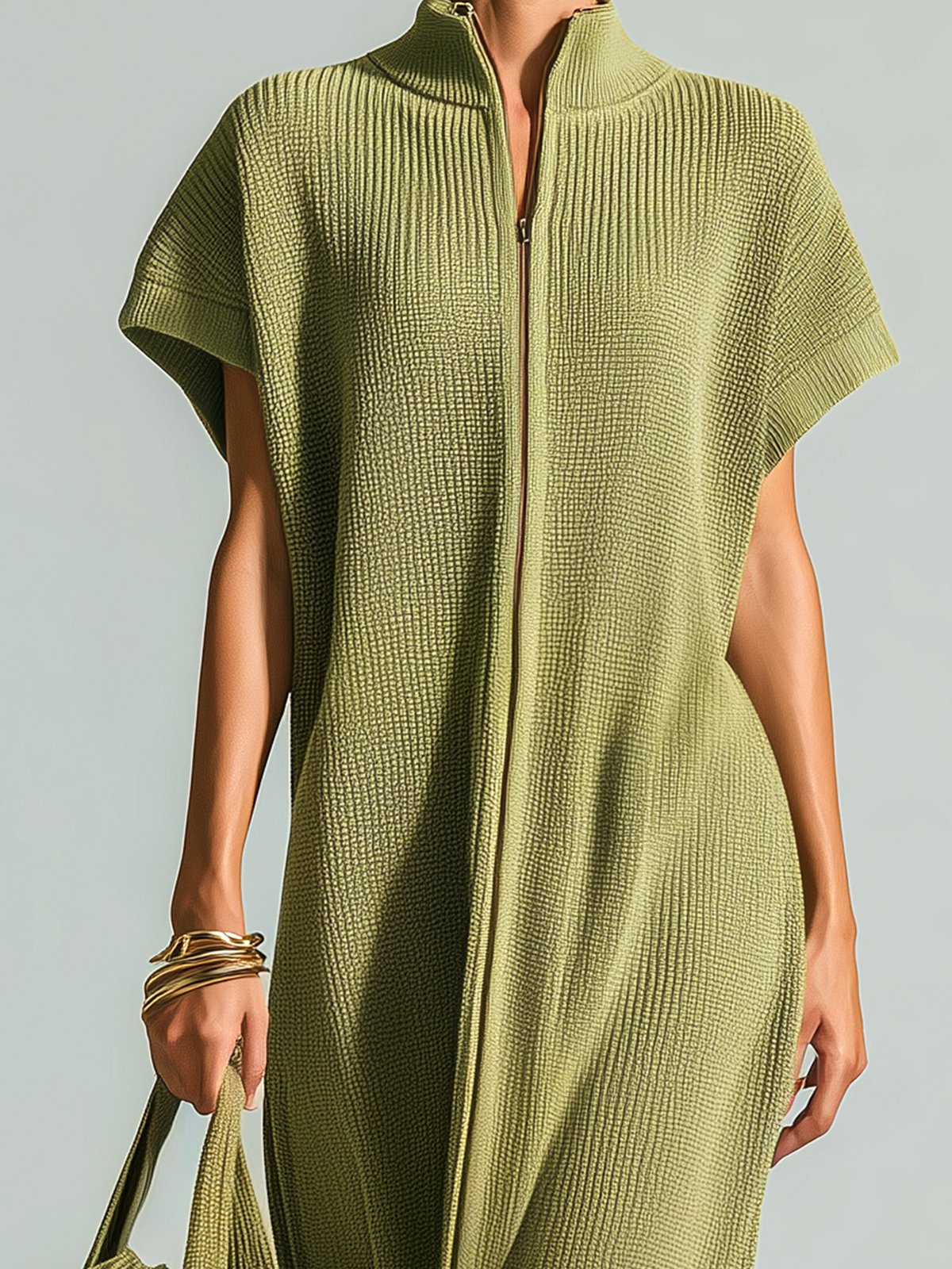 ElevenOra Stylish Elegant Olive Green Stand-Collar Zipper-Front Drop Shoulder Sleeveless Loose-Fit Ribbed Knit Maxi Dress