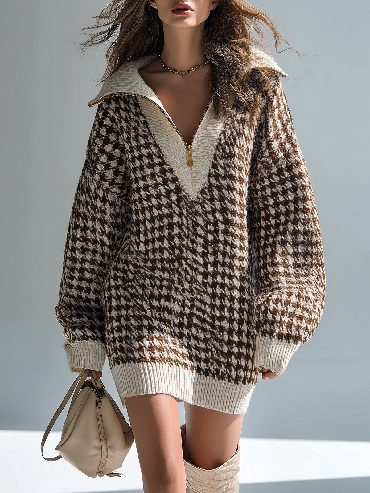 ElevenOra Chic Vintage Houndstooth Jacquard Zip-up Lapel Long Sleeve Oversized Knit Mini Dress