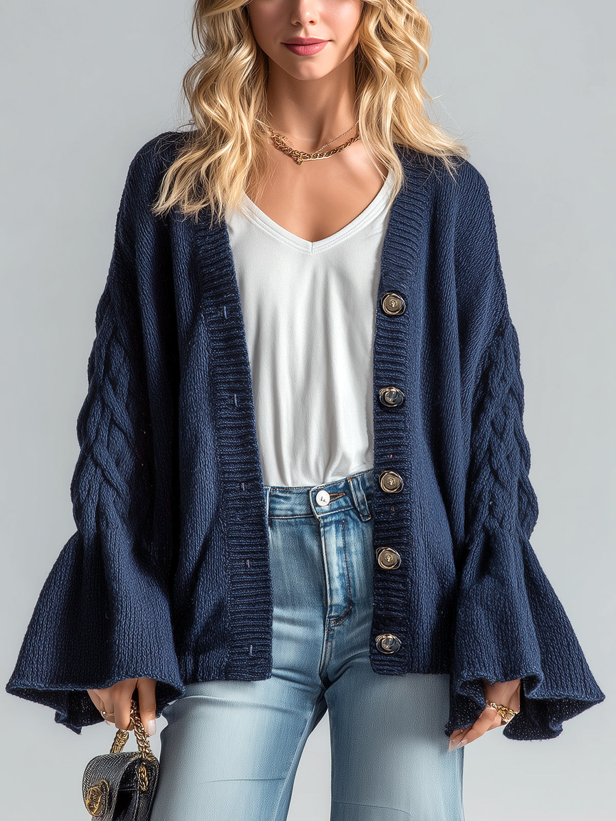 ElevenOra Chic Vintage Navy V-Neck Single-Breasted Bell Sleeve Oversized Cable-Knit Cardigan