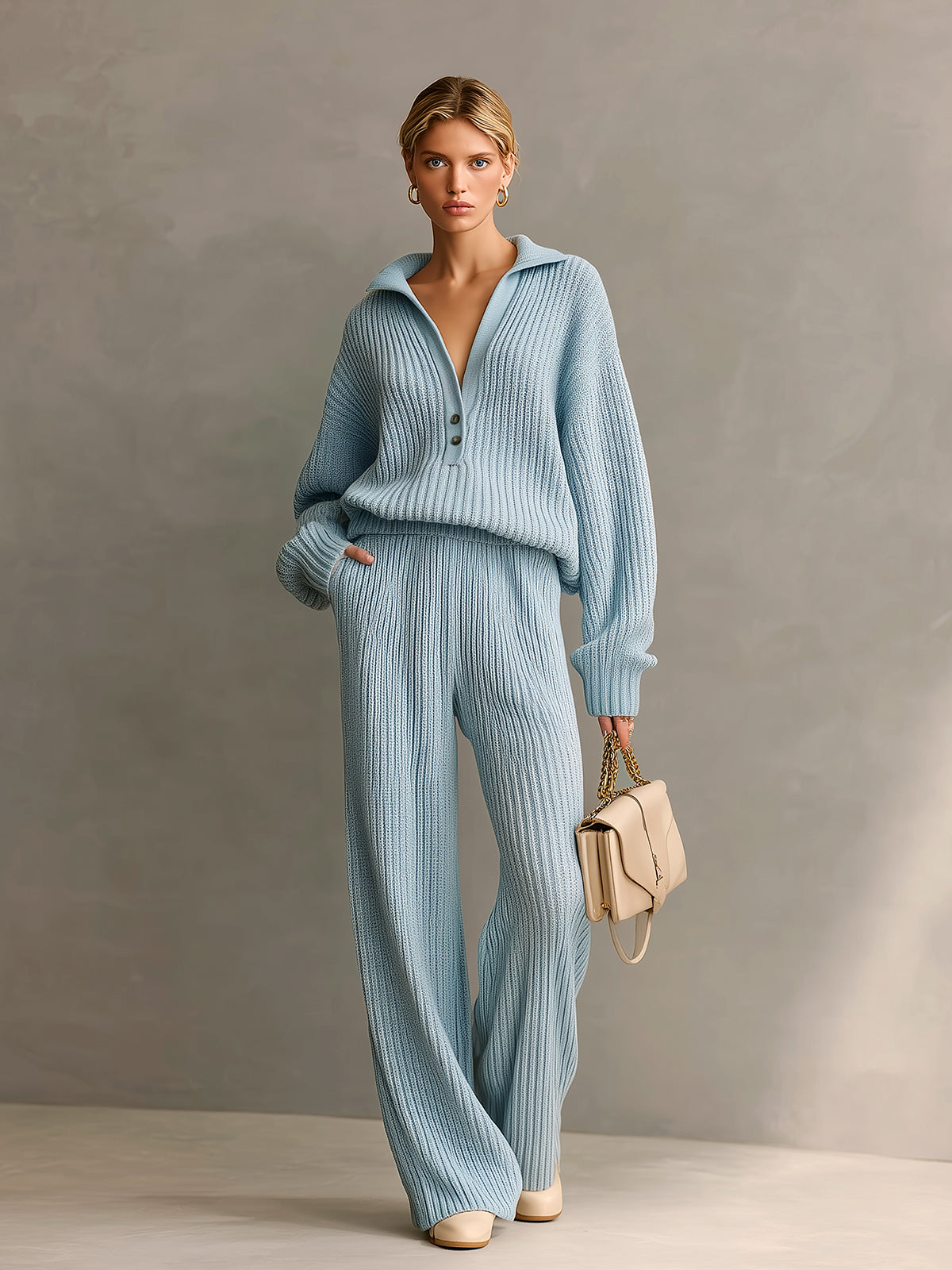 ElevenOra Chic Elegant Blue Lapel V-Neck Button Details Long Sleeve Oversize Sweater Wide-Leg Pants Ribbed Knit Two-Piece Set