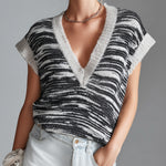ElevenOra Chic Casual Black White Zebra Stripes Deep V-Neck Loose-Fit Fuzzy Mohair Knit Vest