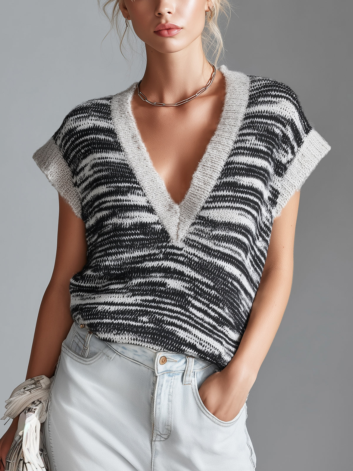 ElevenOra Chic Casual Black White Zebra Stripes Deep V-Neck Loose-Fit Fuzzy Mohair Knit Vest