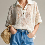 ElevenOra Chic Casual Beige Lapel Button-Up V-Neck Short-Sleeve Loose-Fit Knit Soft Breathable Sweater Top