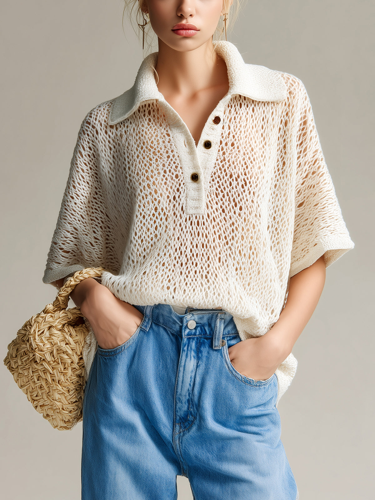 ElevenOra Chic Casual Beige Lapel Button-Up V-Neck Short-Sleeve Loose-Fit Knit Soft Breathable Sweater Top