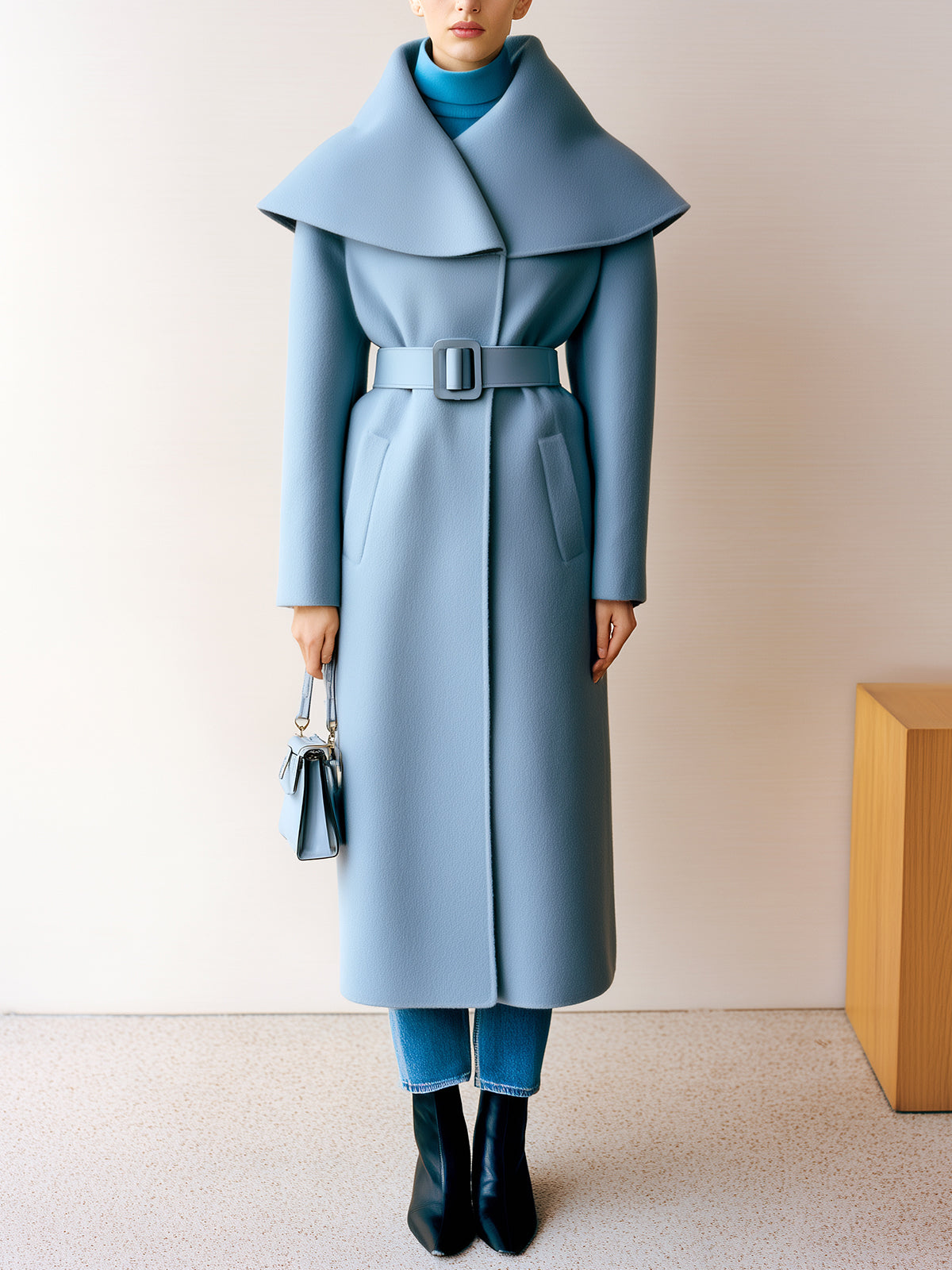 ElevenOra Chic Vintage Light Blue Wool Blend Oversized Lapel Single Breasted Belted Long Coat