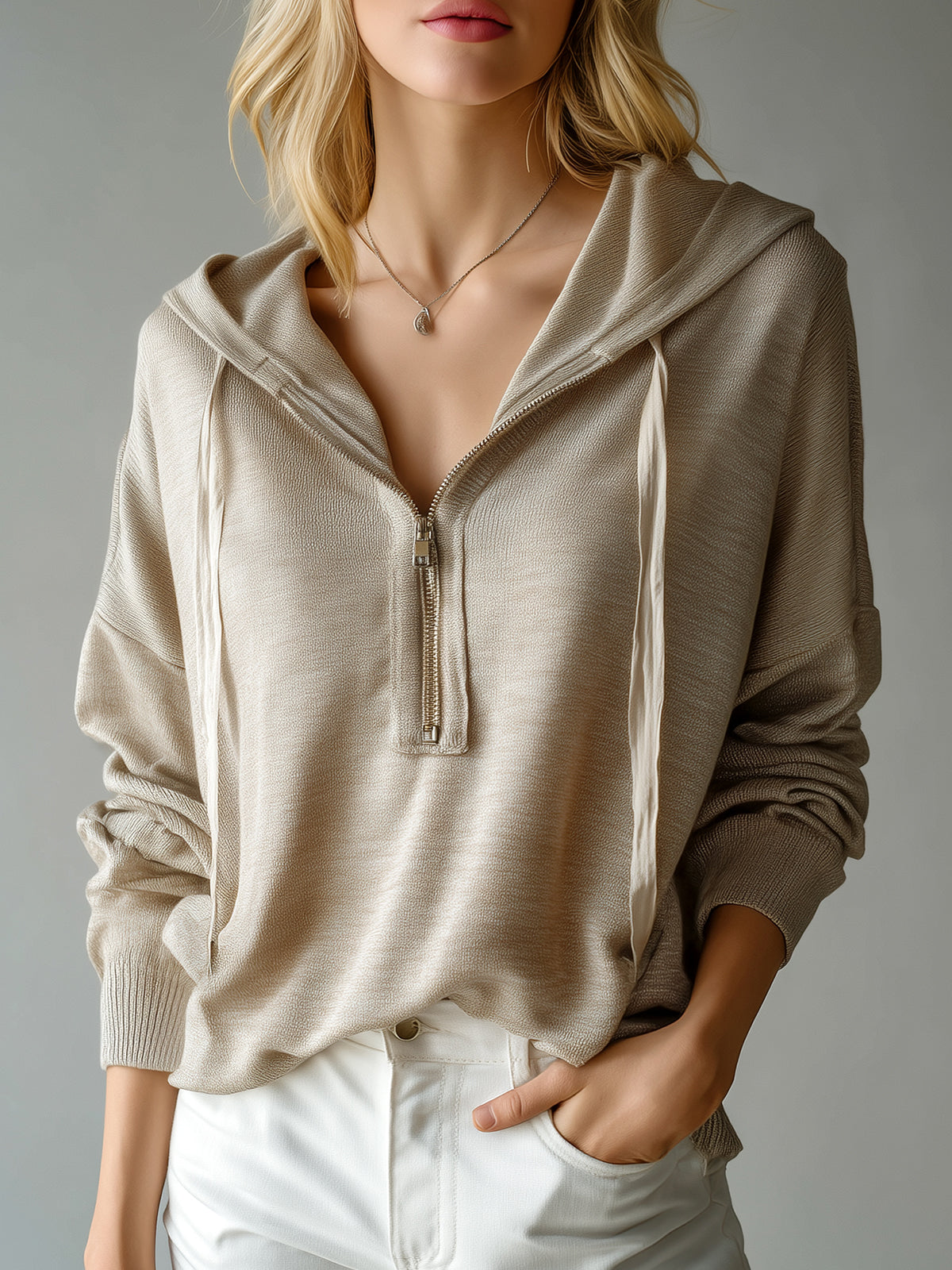 ElevenOra Chic Casual Beige Hooded Half-Zip Drawstring Oversized Knit Sweater